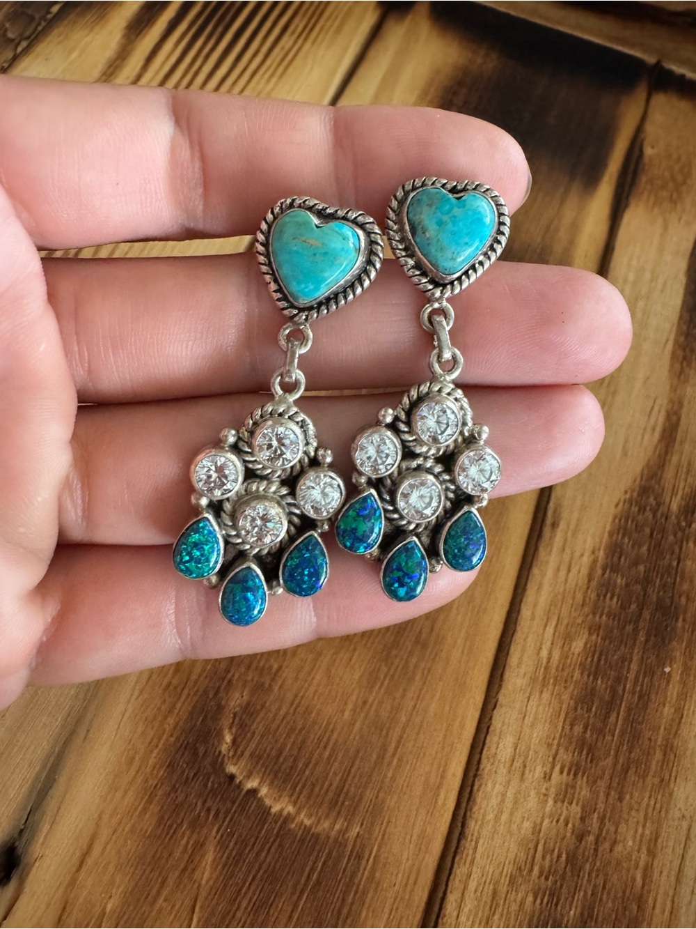 Turquoise Heart Drop Earrings with Blue Opal Teardrops